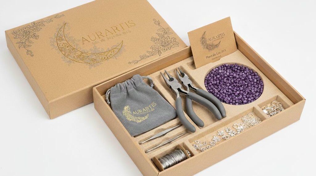Kit de inicio Esencial Box de Aurartis con herramientas, cuentas moradas y fornituras de plata para joyería artesanal.