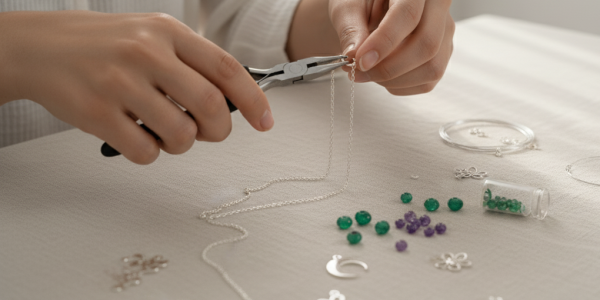 Manos de artesana utilizando alicates de precisión para crear joyería de plata con gemas naturales.