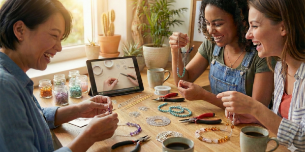 Grupo de amigas sonriendo mientras diseñan joyas artesanales con una tablet y kits de Aurartis en un ambiente acogedor.
